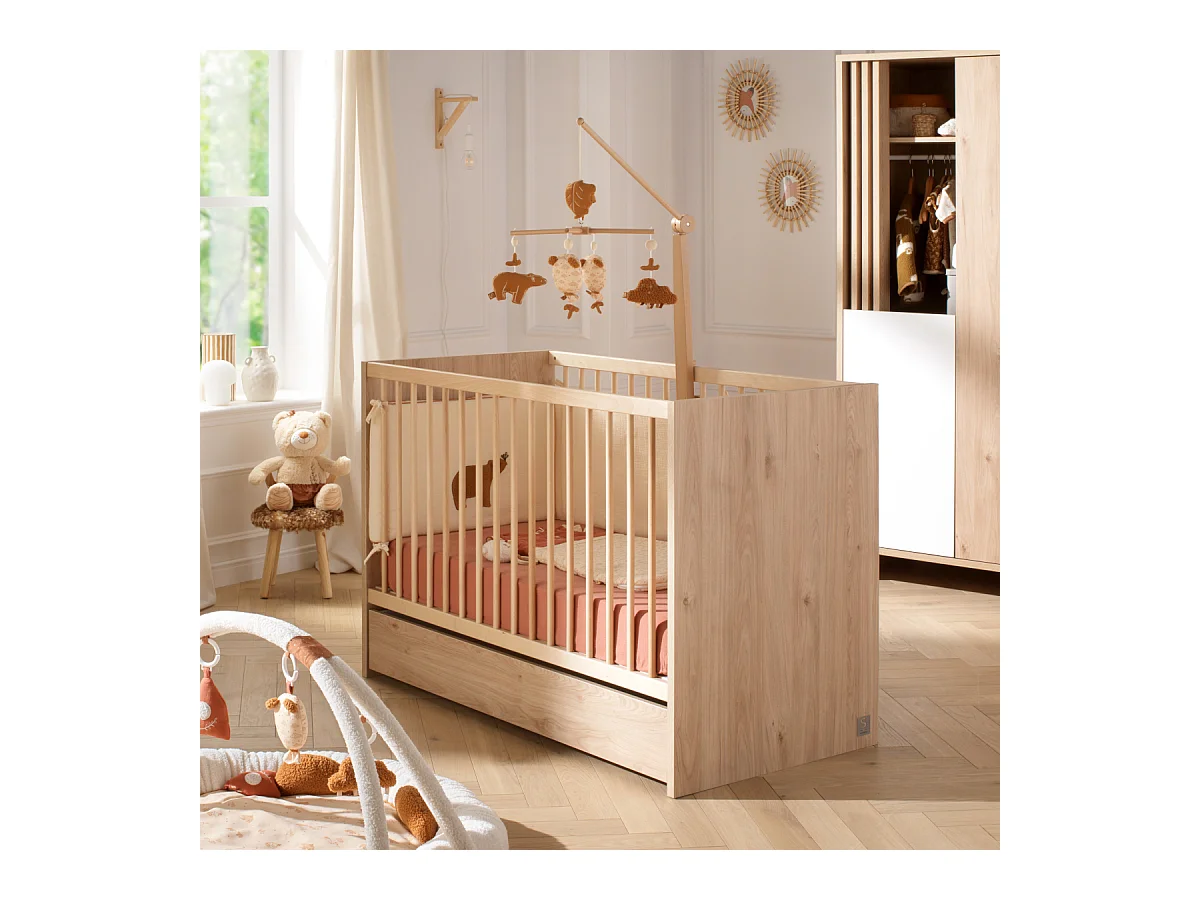 Cuna de madera, 120x60cm, decoración roble suave con colchón