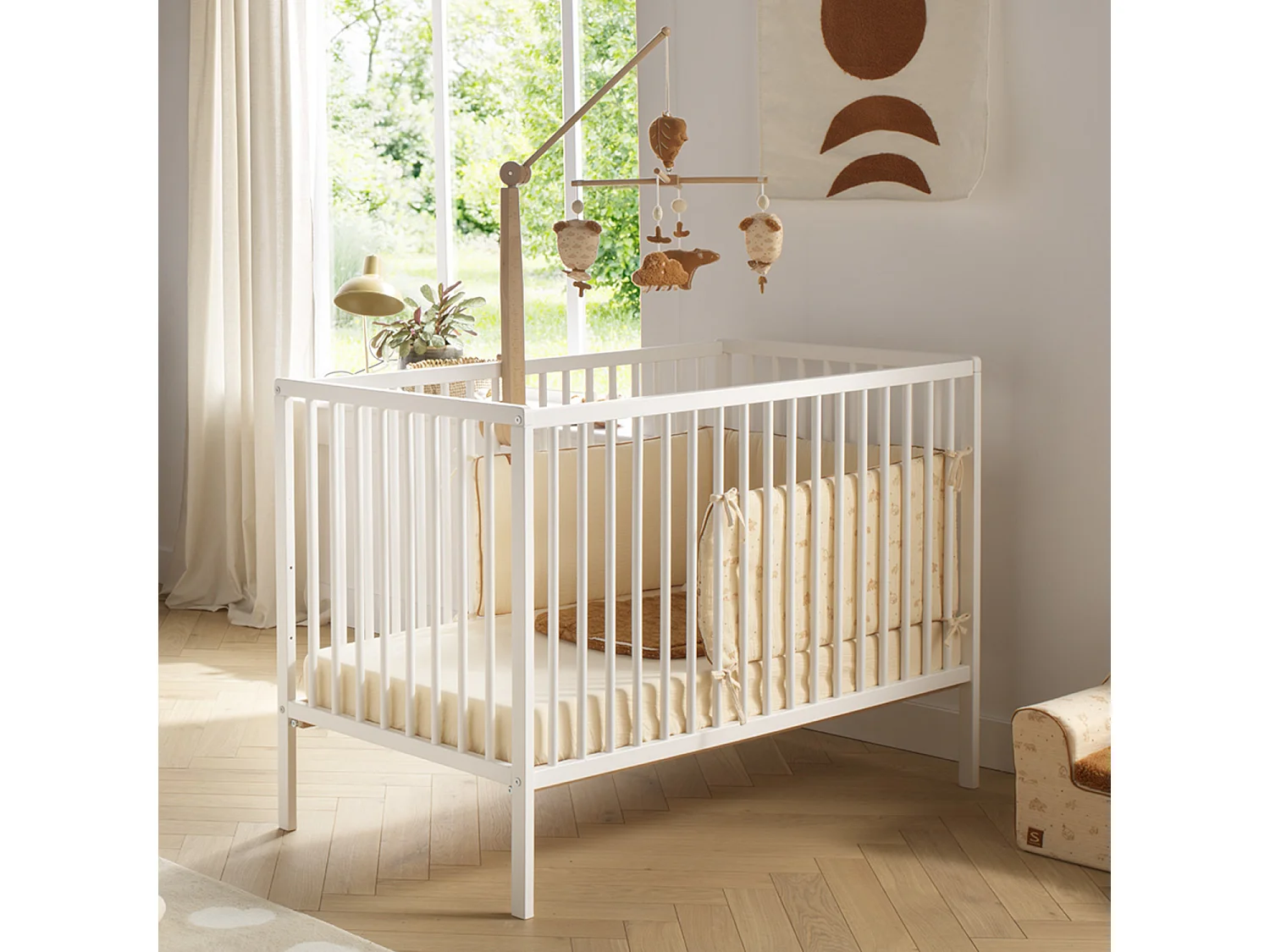 Cuna de madera con listones con colchón de 120x60