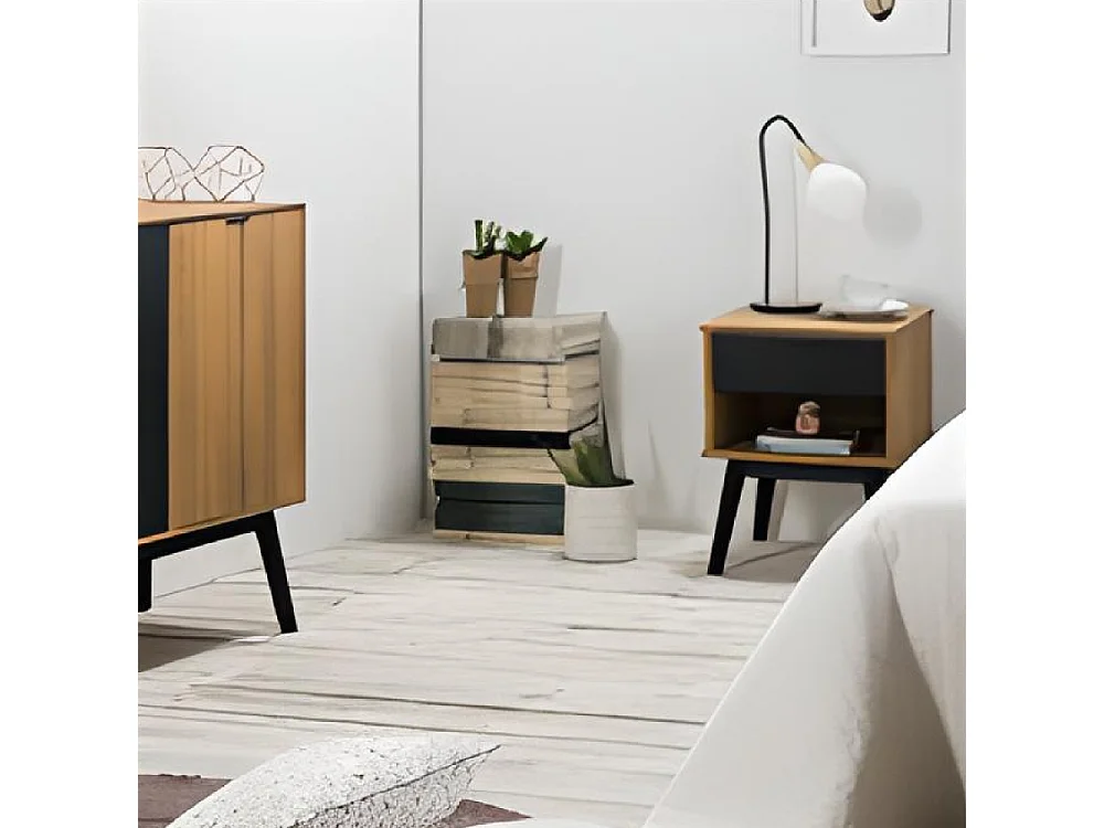 Lot de 2 tables de chevet table de nuit coloris chêne/noir - longueur 40 x profondeur 40 x hauteur 52 cm -JUANIO-