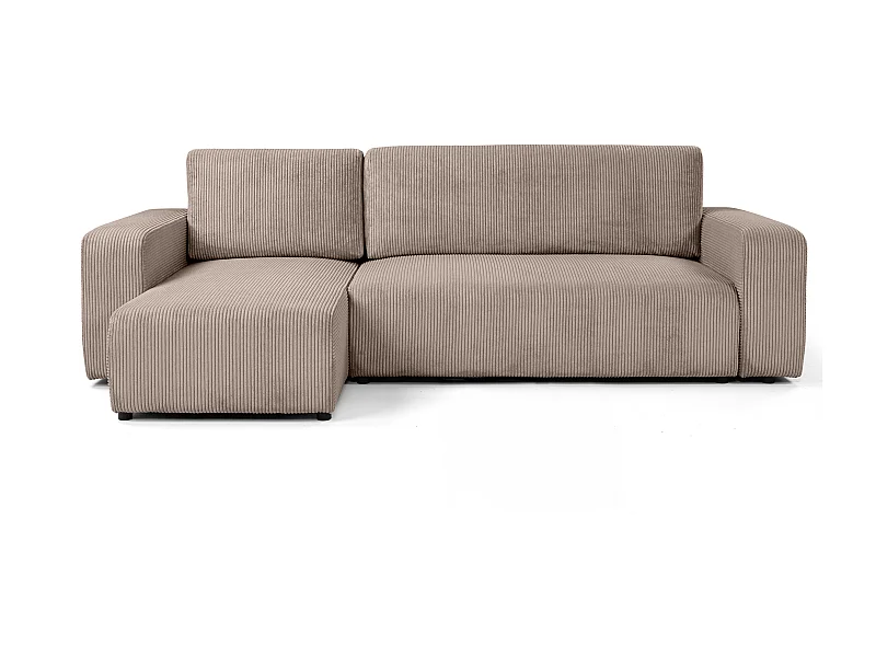 Canapé d'angle GOYA convertible réversible 244 cm coffre de rangement tissu velours côtelé taupe