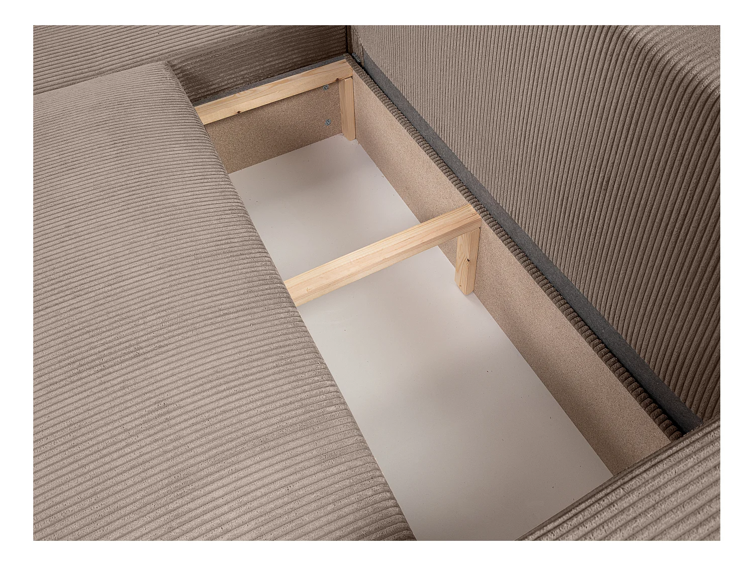 Canapé d'angle GOYA convertible réversible 244 cm coffre de rangement tissu velours côtelé taupe