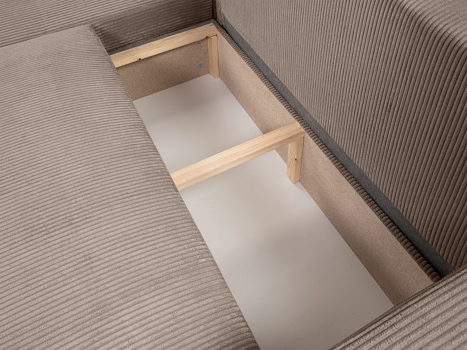 Canapé d'angle GOYA convertible réversible 244 cm coffre de rangement tissu velours côtelé taupe