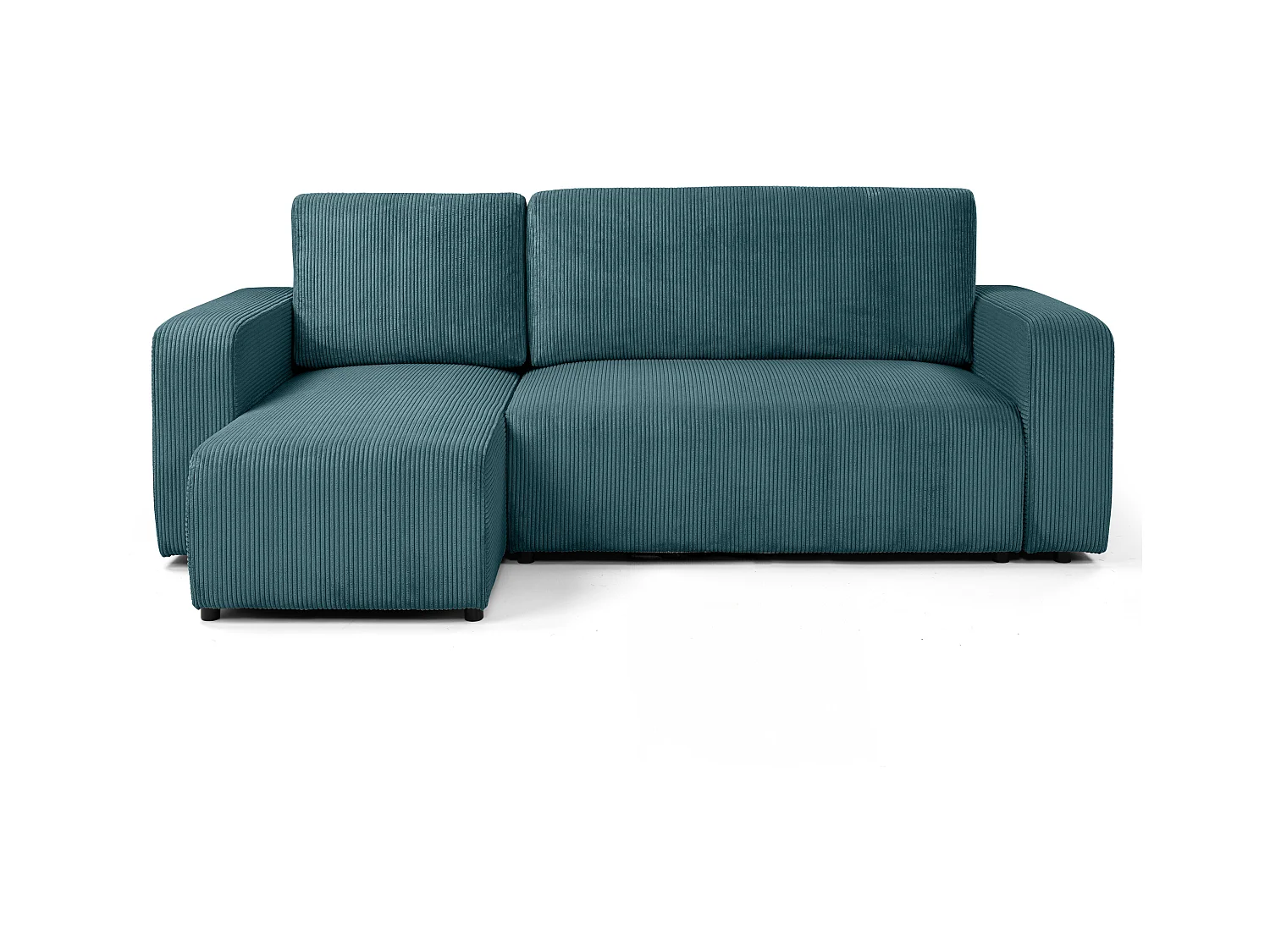 Canapé d'angle GOYA convertible réversible 244 cm coffre de rangement tissu velours côtelé bleu canard