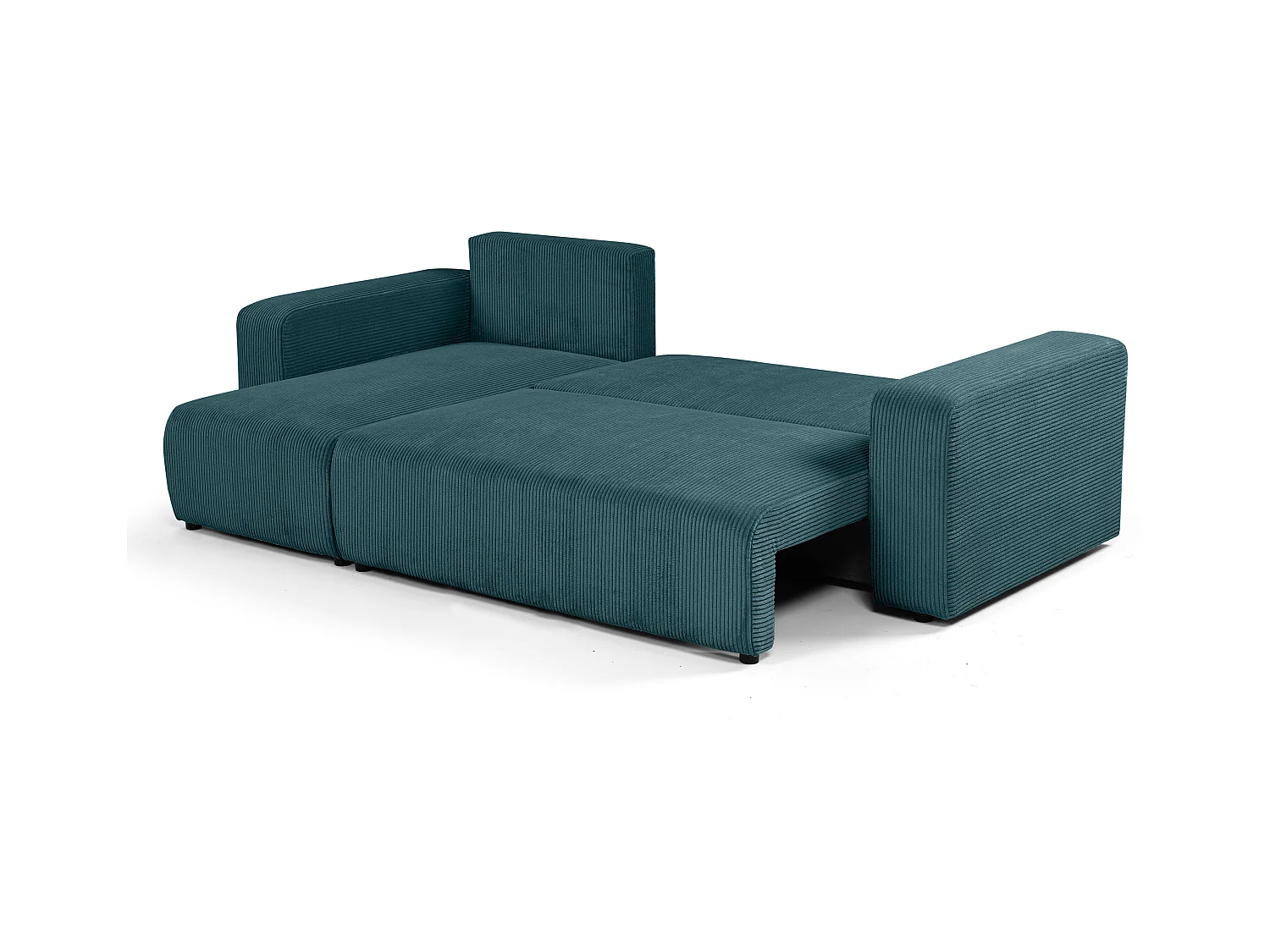 Canapé d'angle GOYA convertible réversible 244 cm coffre de rangement tissu velours côtelé bleu canard
