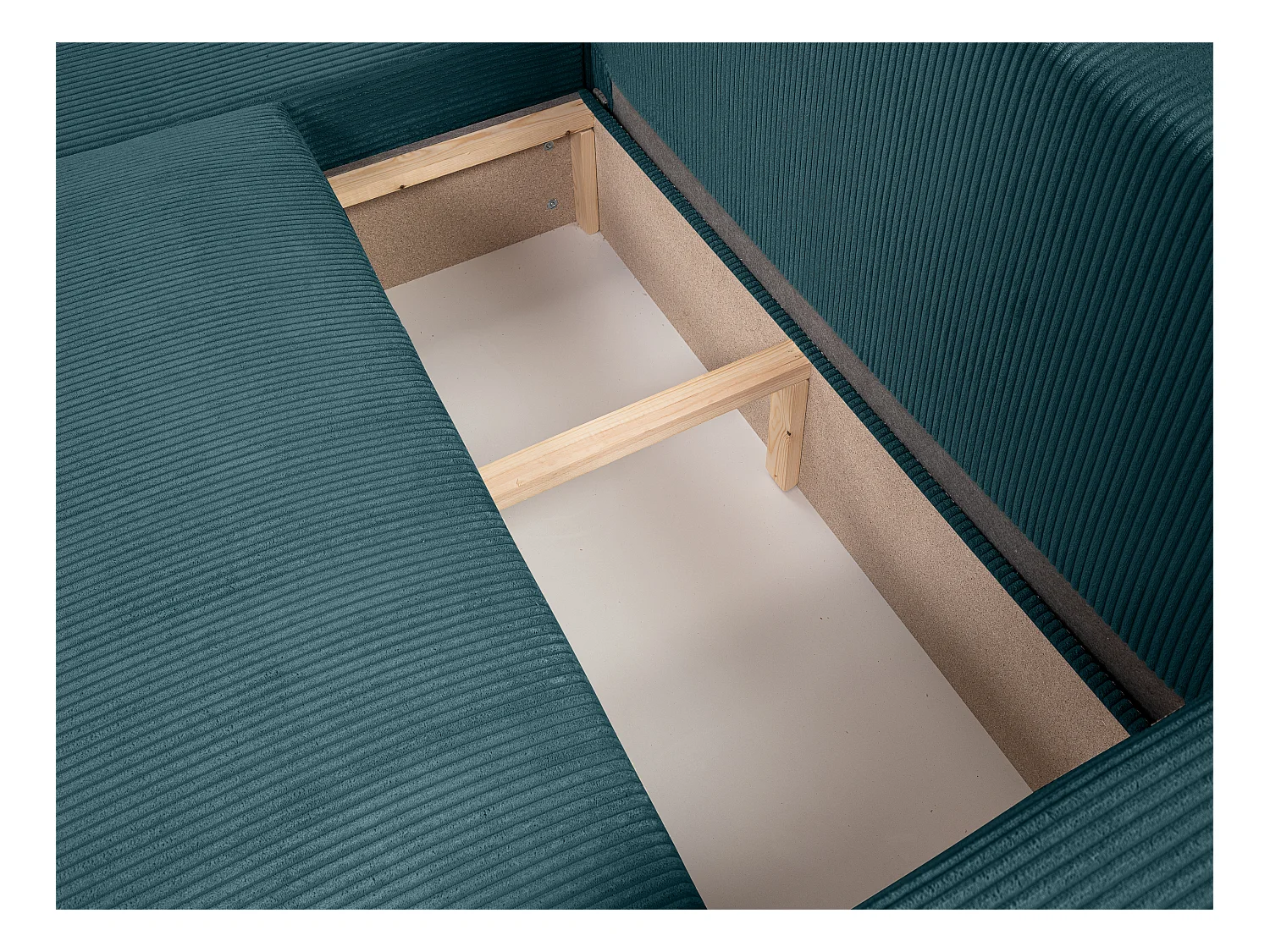 Canapé d'angle GOYA convertible réversible 244 cm coffre de rangement tissu velours côtelé bleu canard