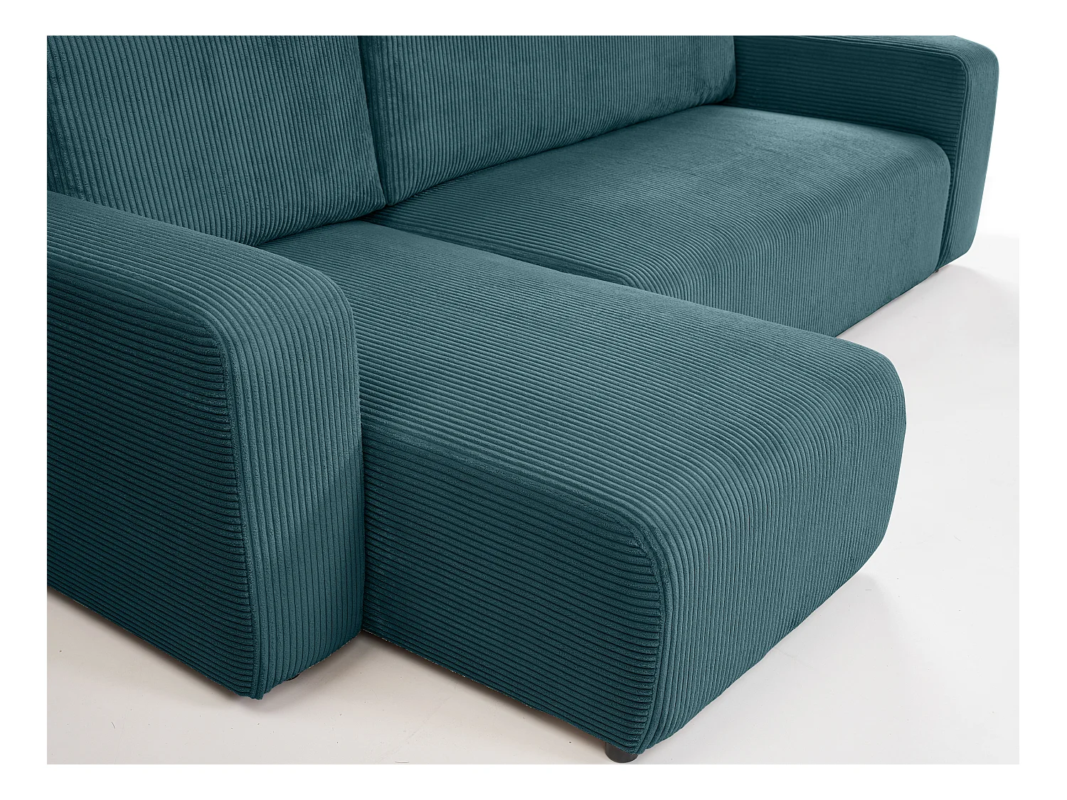 Canapé d'angle GOYA convertible réversible 244 cm coffre de rangement tissu velours côtelé bleu canard