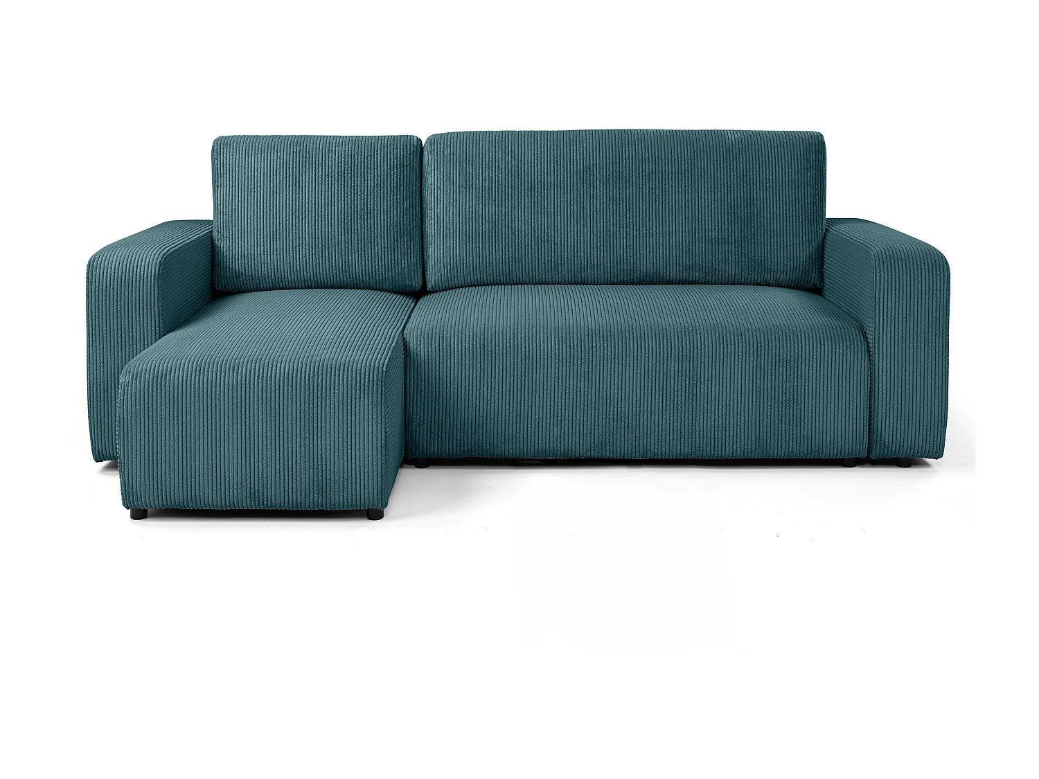 Canapé d'angle GOYA convertible réversible 244 cm coffre de rangement tissu velours côtelé bleu canard