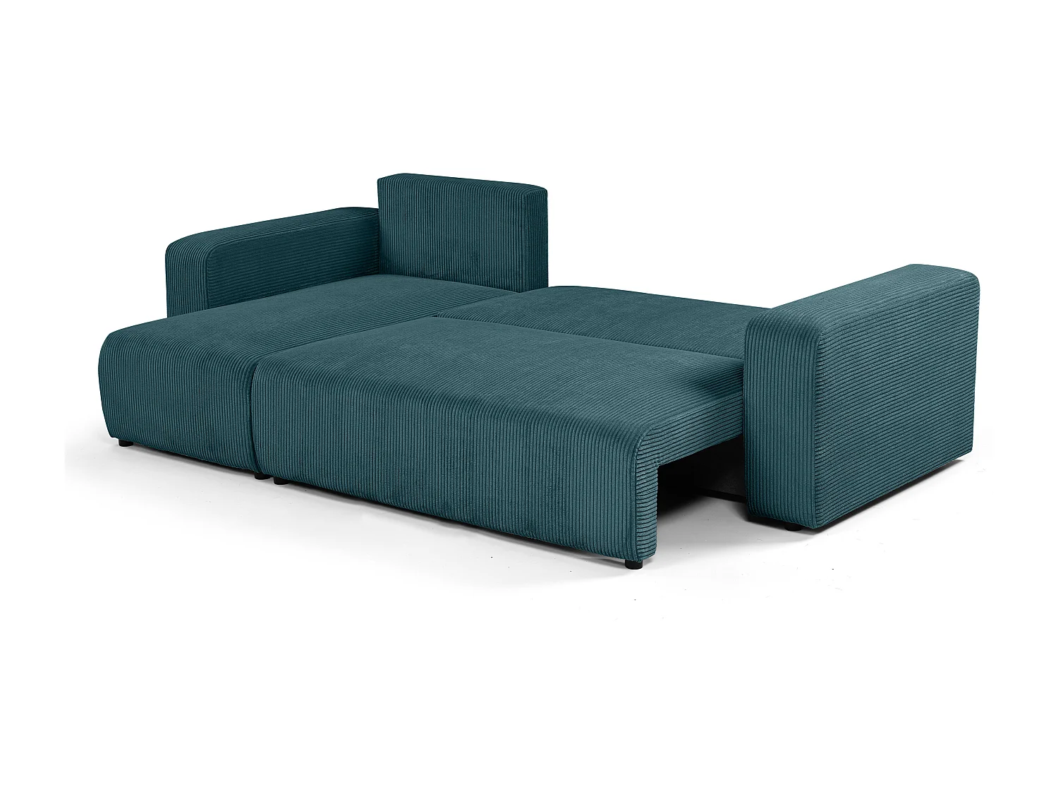 Canapé d'angle GOYA convertible réversible 244 cm coffre de rangement tissu velours côtelé bleu canard