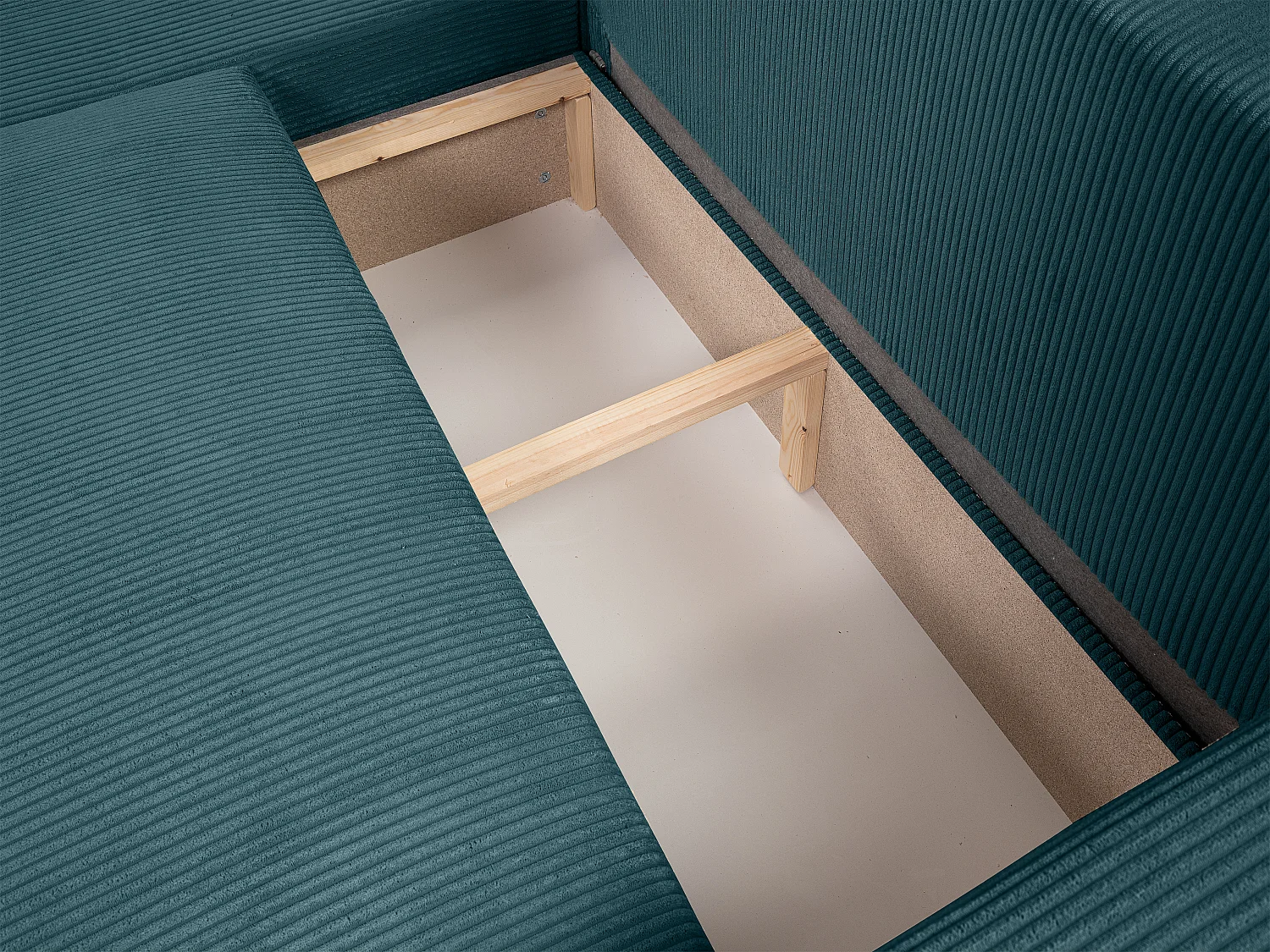 Canapé d'angle GOYA convertible réversible 244 cm coffre de rangement tissu velours côtelé bleu canard