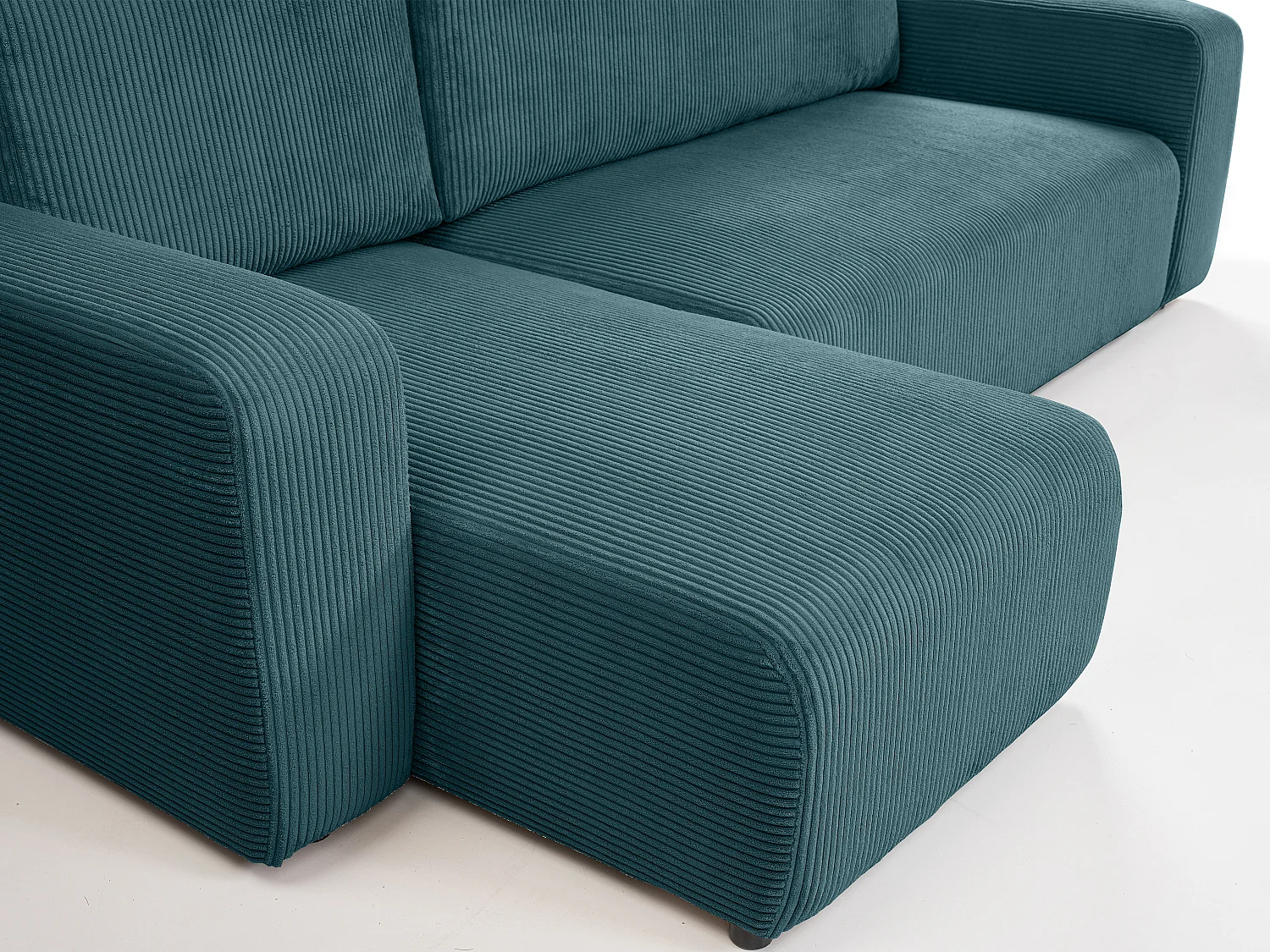 Canapé d'angle GOYA convertible réversible 244 cm coffre de rangement tissu velours côtelé bleu canard