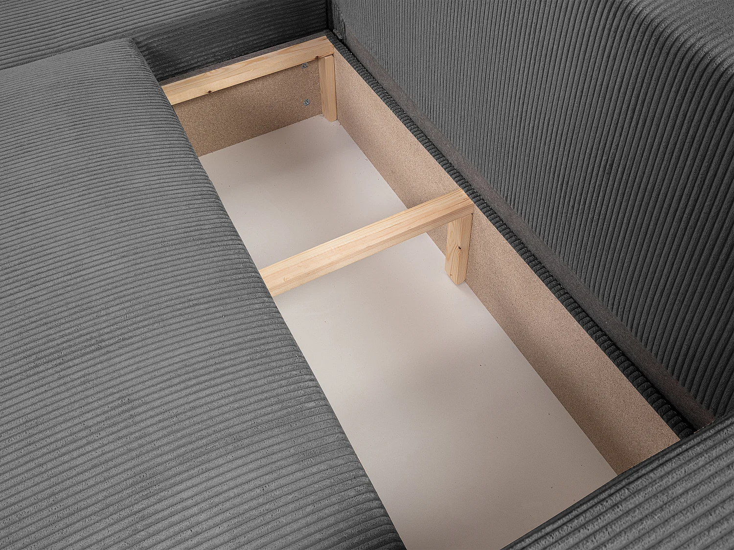 Canapé d'angle GOYA convertible réversible 244 cm coffre de rangement tissu velours côtelé gris