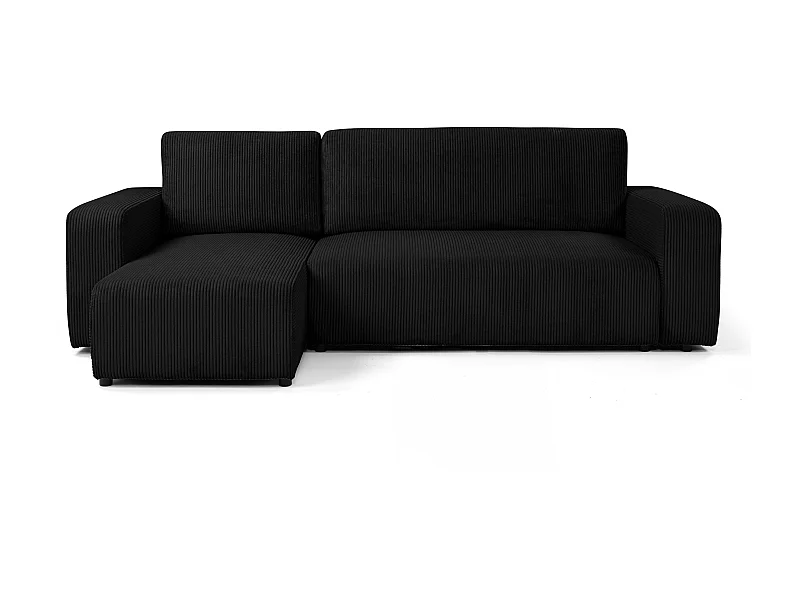 Canapé d'angle GOYA convertible réversible 244 cm coffre de rangement tissu velours côtelé noir