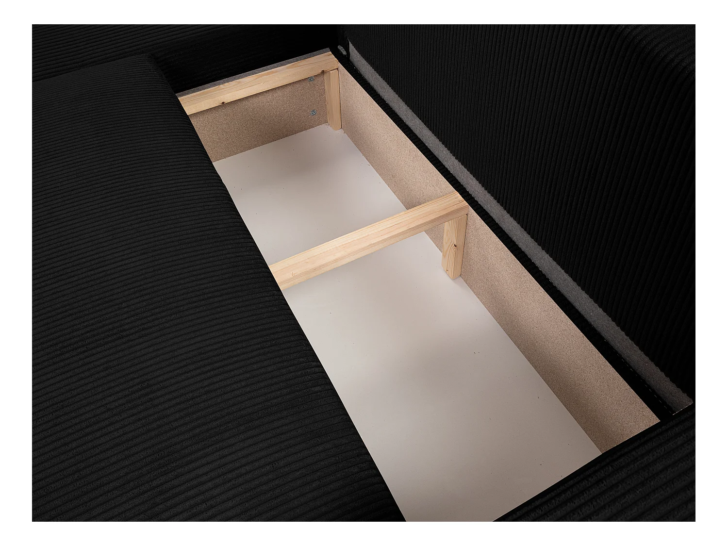 Canapé d'angle GOYA convertible réversible 244 cm coffre de rangement tissu velours côtelé noir