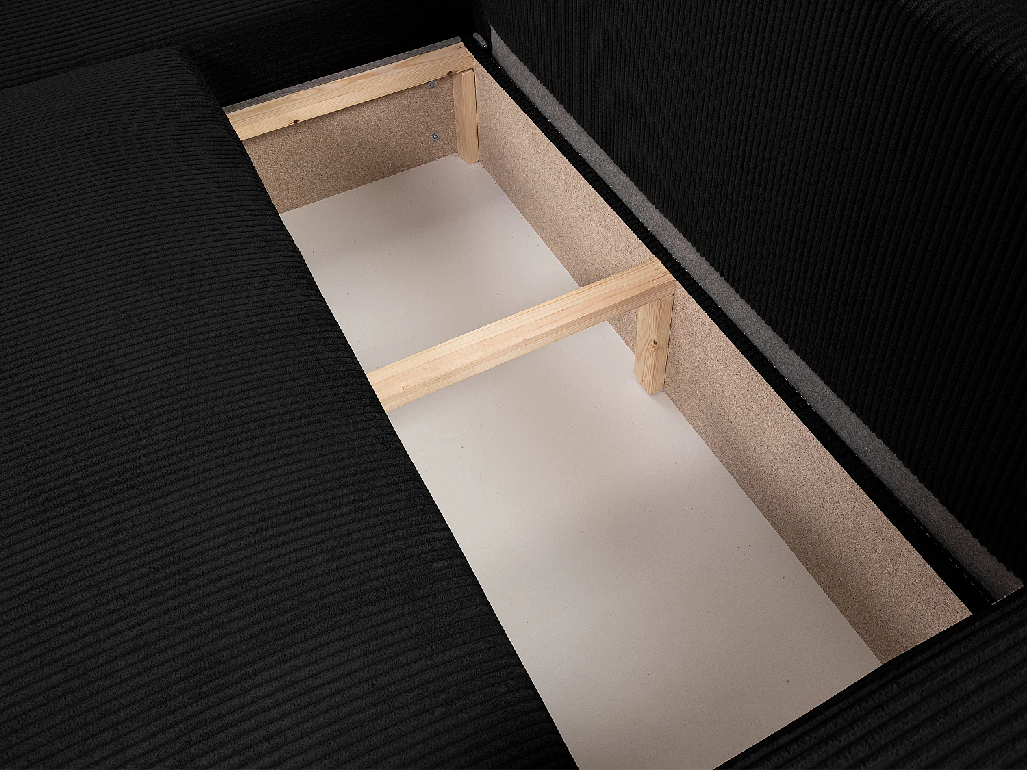 Canapé d'angle GOYA convertible réversible 244 cm coffre de rangement tissu velours côtelé noir