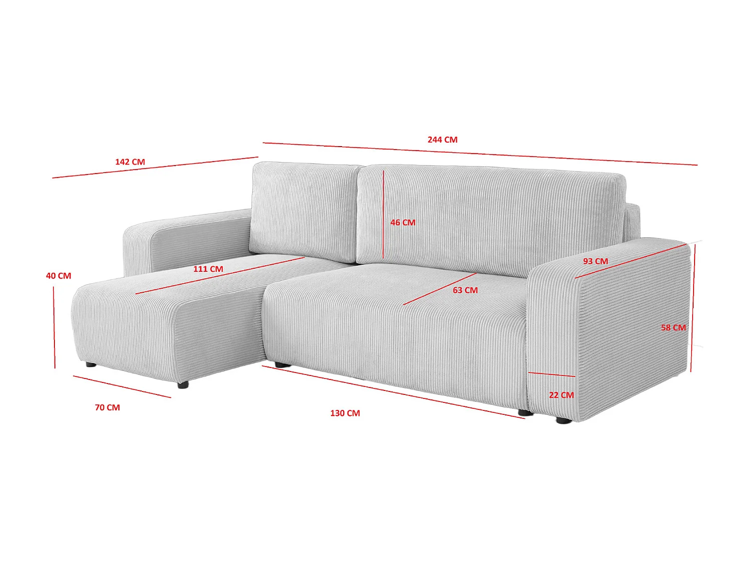 Canapé d'angle GOYA convertible réversible 244 cm coffre de rangement tissu beige