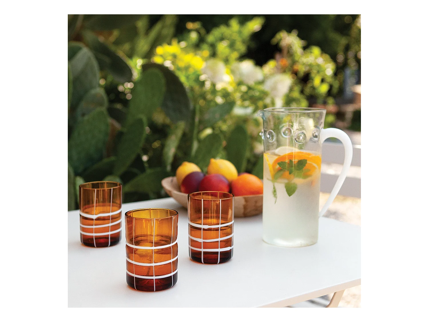 Zafferano Twiddle - Set 6 Bicchieri Ambra in Vetro Soffiato, 35 cl - Tumbler Artigianali con Decoro Bianco, Lavabili in Lavastoviglie