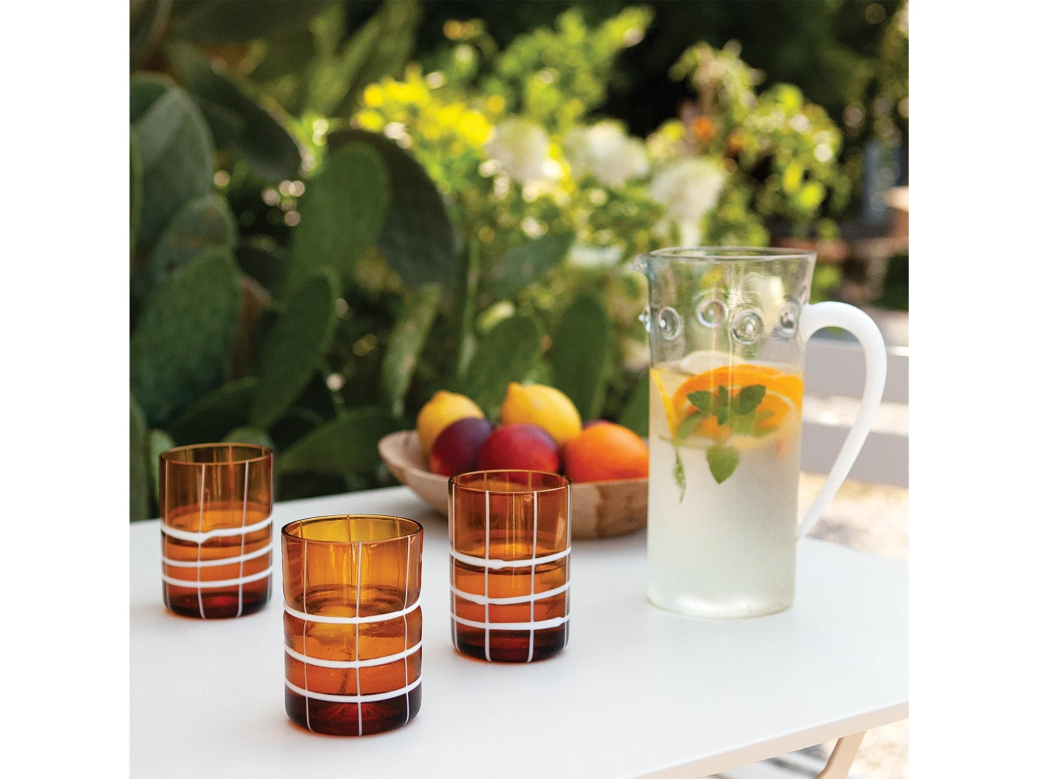 Zafferano Twiddle - Lot de 6 verres en verre soufflé ambré, 35 cl - Verres faits main avec décoration blanche, lavables au lave-vaisselle