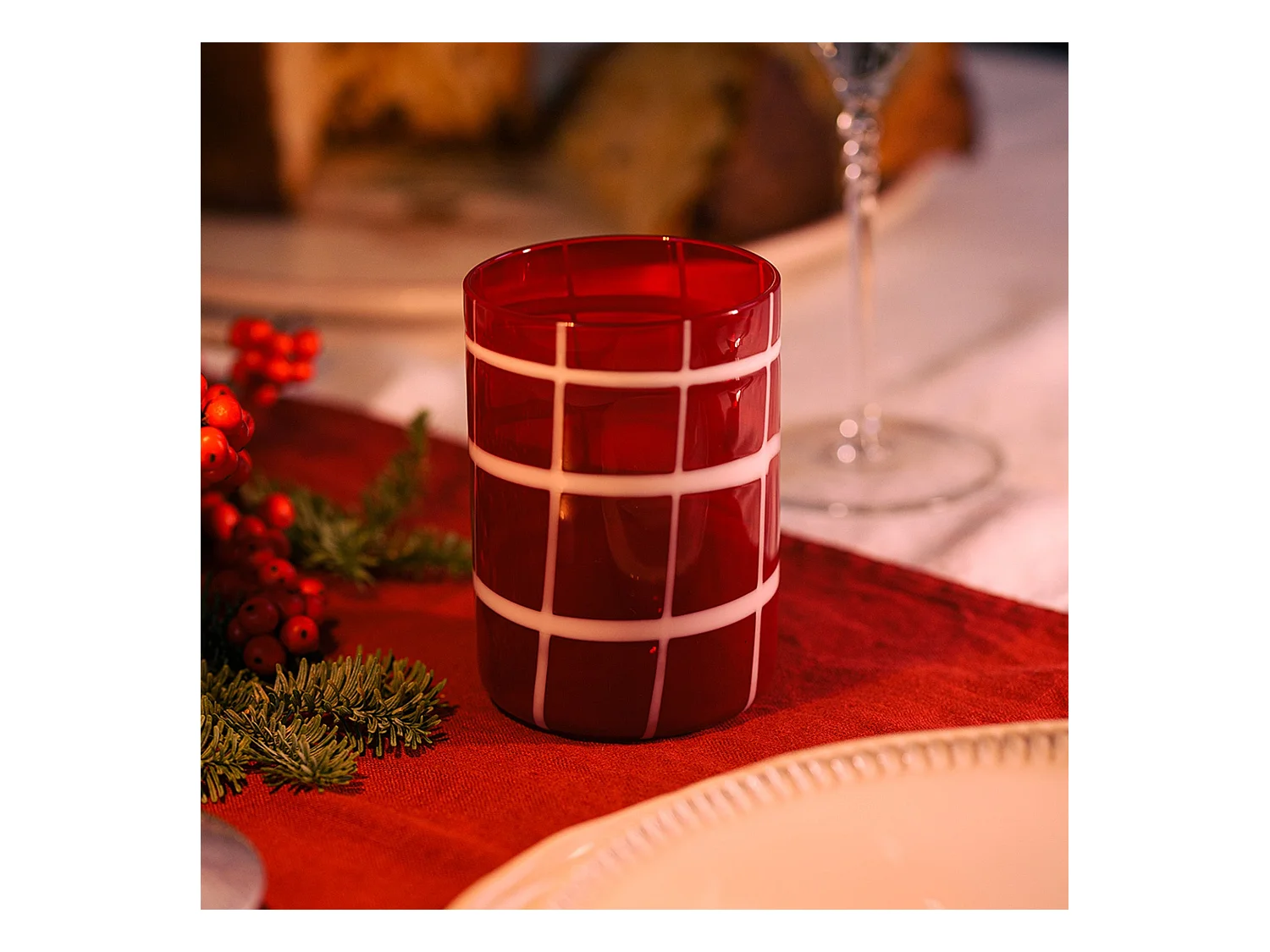 Zafferano Twiddle - Set 6 Bicchieri Rosso in Vetro Soffiato, 35 cl - Tumbler Artigianali con Decoro Bianco, Lavabili in Lavastoviglie