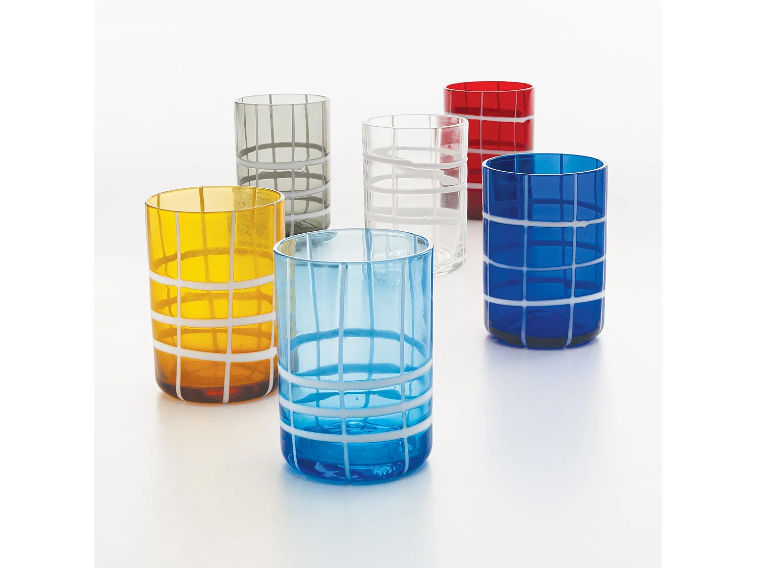 Zafferano Twiddle - Lot de 6 verres en verre soufflé bleu, 35 cl - Verres faits main avec décoration blanche, lavables au lave-vaisselle