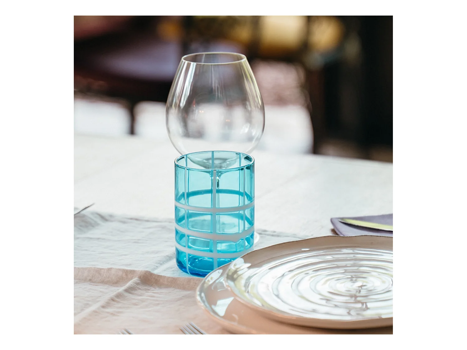 Zafferano Twiddle - Set 6 Bicchieri Acquamarina in Vetro Soffiato, 35 cl - Tumbler Artigianali con Decoro Bianco, Lavabili in Lavastoviglie
