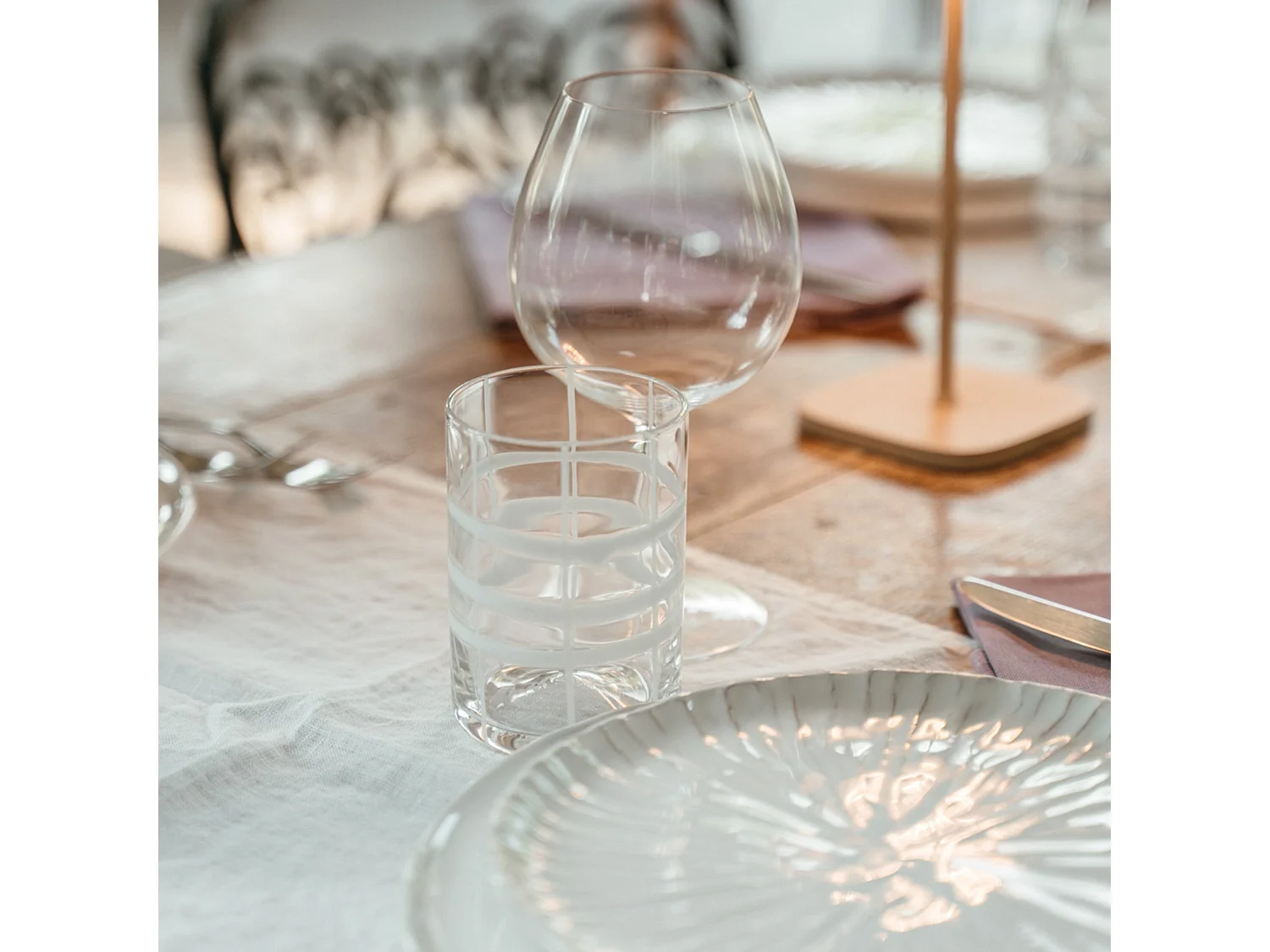 Zafferano Twiddle - Set van 6 transparante geblazen glazen, 35 cl - Handgemaakte tumblers met witte decoratie, vaatwasserbestendig