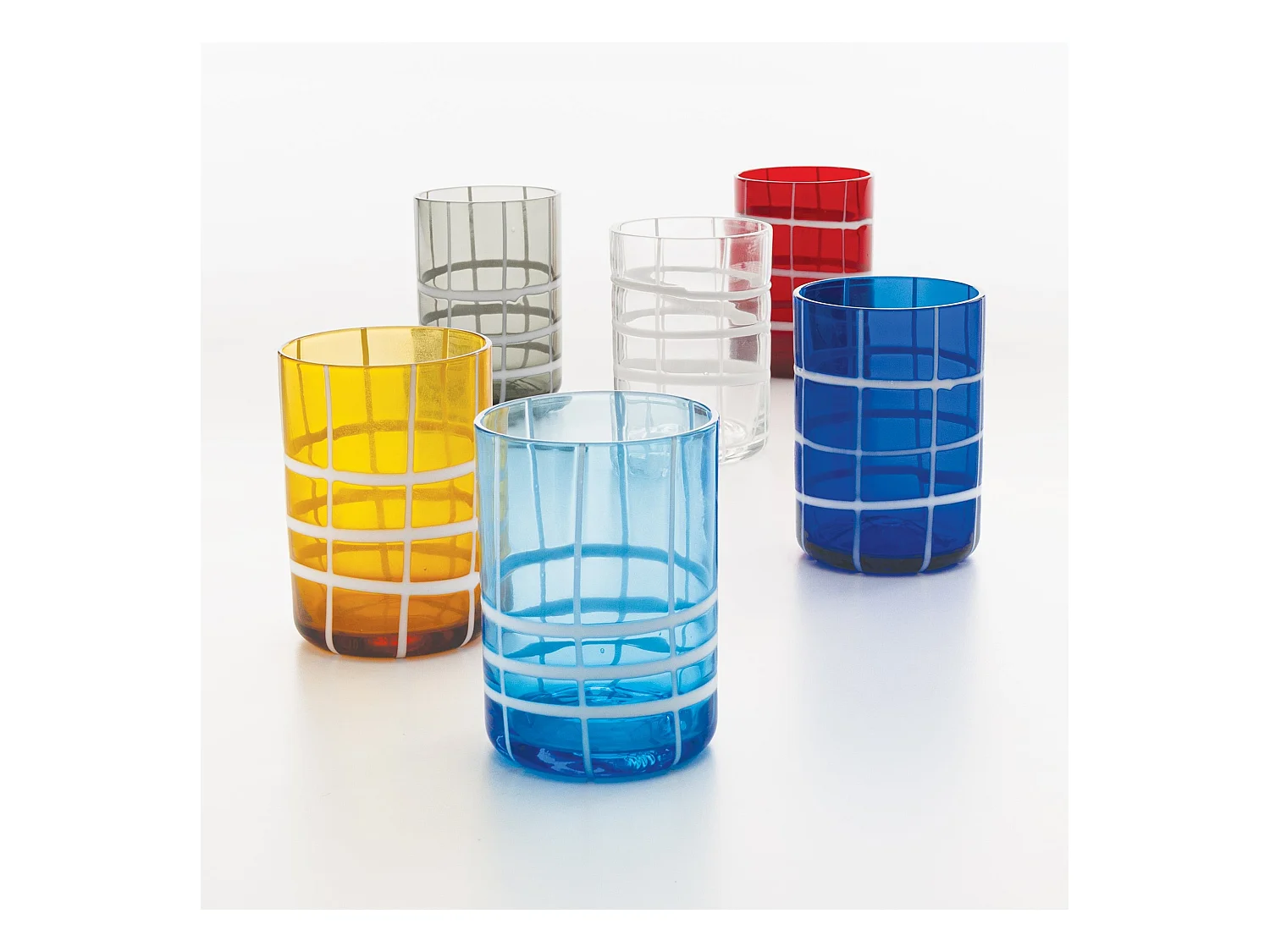 Zafferano Twiddle - Lot de 6 verres en verre soufflé coloré, 35 cl - Verres faits main avec décoration blanche, lavables au lave-vaisselle