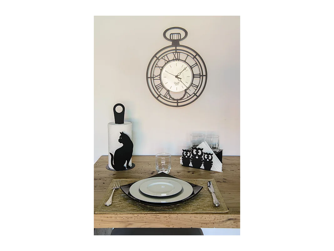 Zwarte kat tafelrolhouder van staal, capaciteit voor 1 rol, elegant design voor woonkamer en keuken, gemaakt in Italië