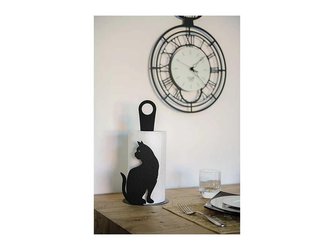 Zwarte kat tafelrolhouder van staal, capaciteit voor 1 rol, elegant design voor woonkamer en keuken, gemaakt in Italië