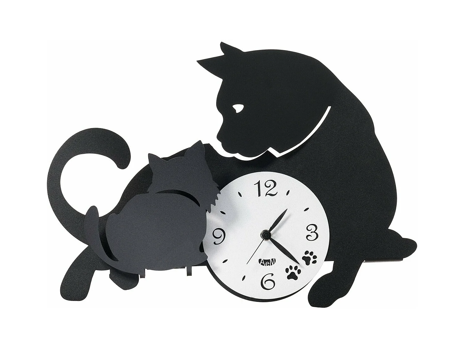 Horloge murale Mamma Gatta 38 x 27 cm en fer noir – Motif chat et chatons – Mécanisme à piles silencieux – Fabriquée en Italie