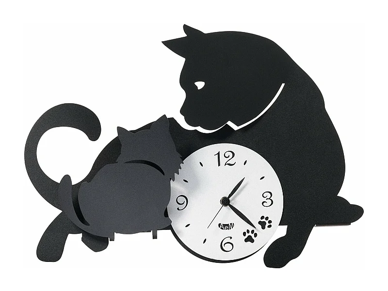 Relógio de parede Mamma Gatta 38x27 cm em ferro preto - Design com gato e gatinhos - Mecanismo de bateria silencioso - Fabricado na Itália