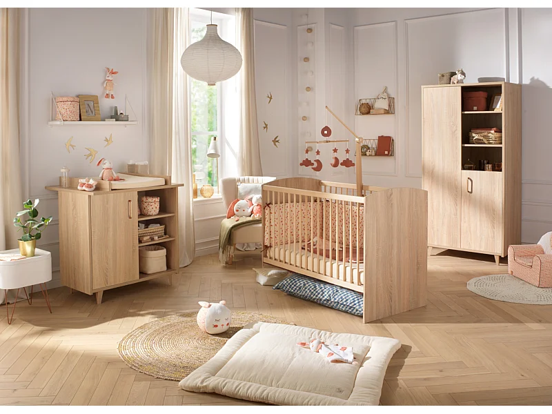 Chambre bébé complète: lit 120x60, commode à langer et armoire 1 grande porte et 1 petite porte avec niches SAM - Sauthon