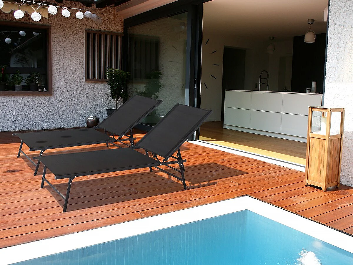 Lot de 2 bains de soleil en métal "Sublima" - 180 x 54 x 104 cm - Noir