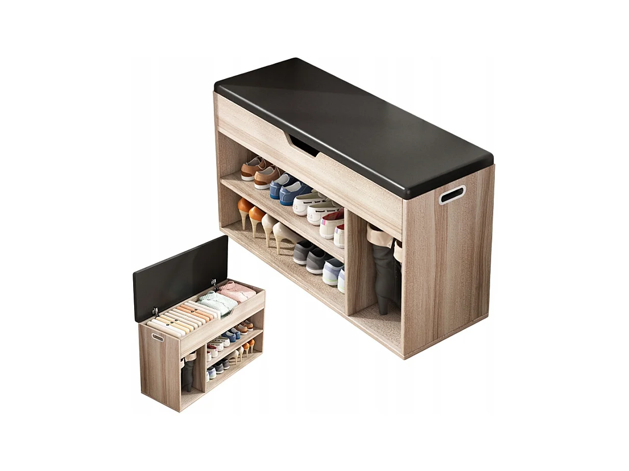 Scarpiera, con sedile, con contenitore, 2 ripiani, rovere chiaro