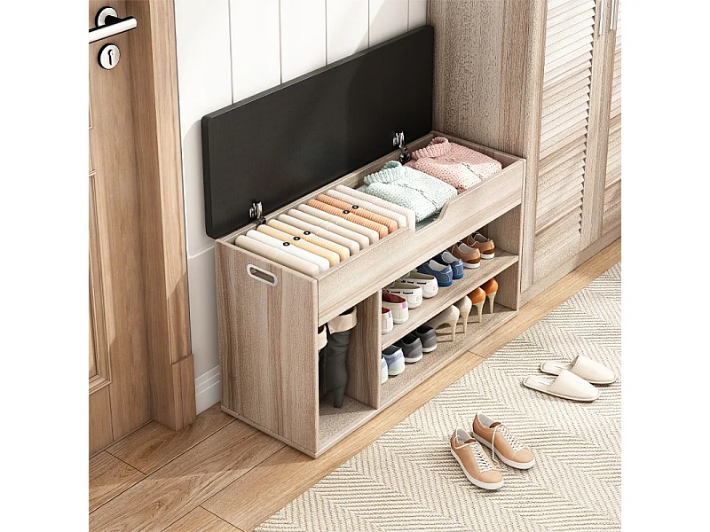 Meuble à chaussures, avec siège, avec rangement, 2 étagères, chêne clair