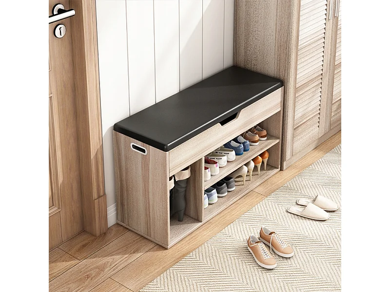 Mueble zapatero, con asiento, con almacenaje, 2 estantes, roble claro