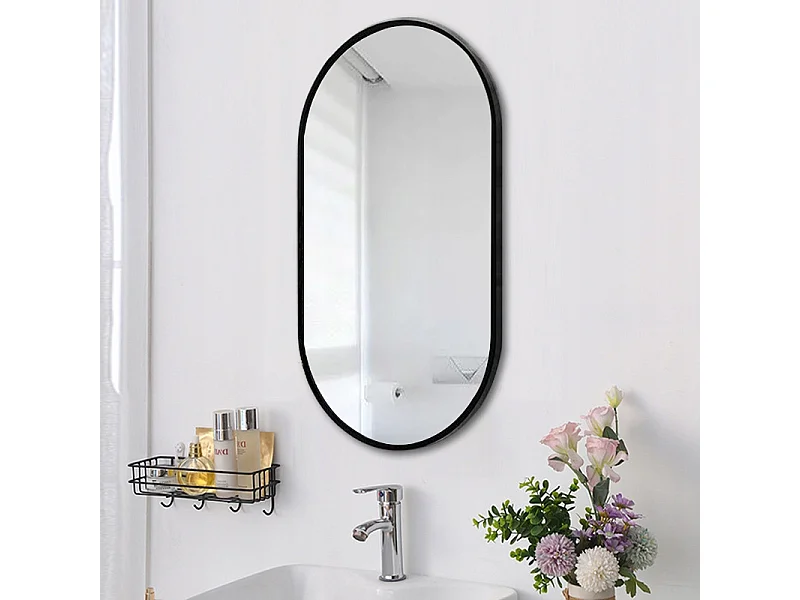 Grote ovale spiegel, industrieel, voor badkamer, woonkamer en slaapkamer, zwart 75x40 cm