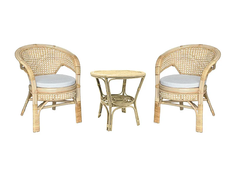 Salon Amanda en bois de bambou et paille de Vienne avec 2 fauteuils et 1 table basse