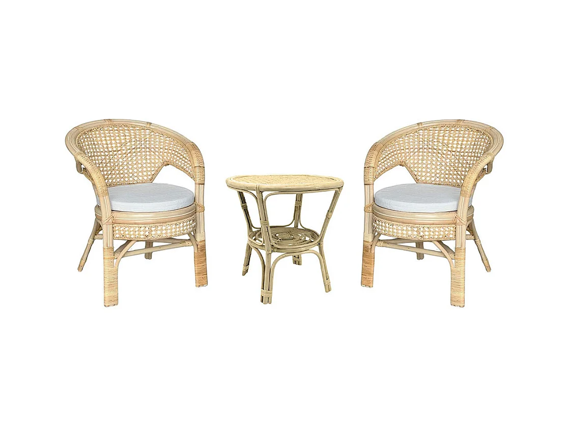 Salon Amanda en bois de bambou et paille de Vienne avec 2 fauteuils et 1 table basse