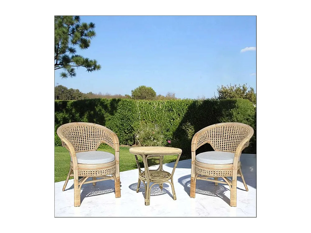 Salon Amanda en bois de bambou et paille de Vienne avec 2 fauteuils et 1 table basse
