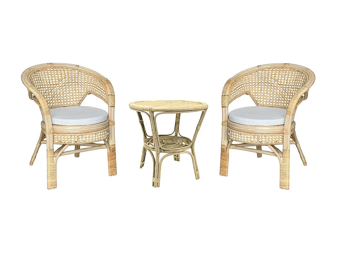 Salon Amanda en bois de bambou et paille de Vienne avec 2 fauteuils et 1 table basse