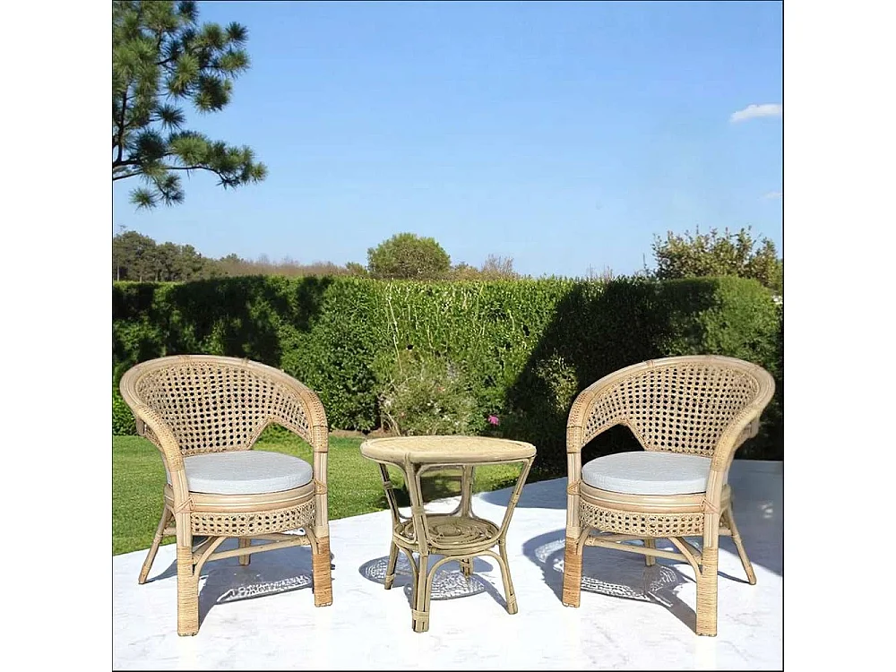 Salon Amanda en bois de bambou et paille de Vienne avec 2 fauteuils et 1 table basse