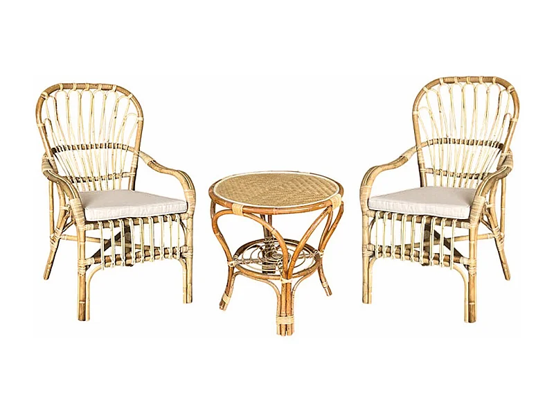 Salon en bois de bambou Manao 2 fauteuils et 1 table basse avec coussins gratuits