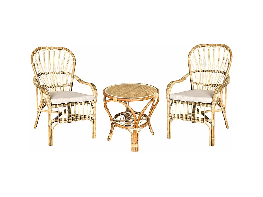 Salon en bois de bambou Manao 2 fauteuils et 1 table basse avec coussins gratuits