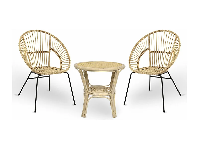 Ensemble de 2 chaises Fera en bois de bambou avec pieds en fer et 1 table en bambou