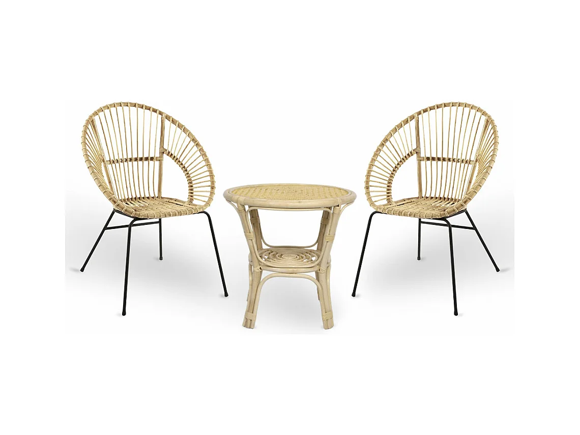 Ensemble de 2 chaises Fera en bois de bambou avec pieds en fer et 1 table en bambou