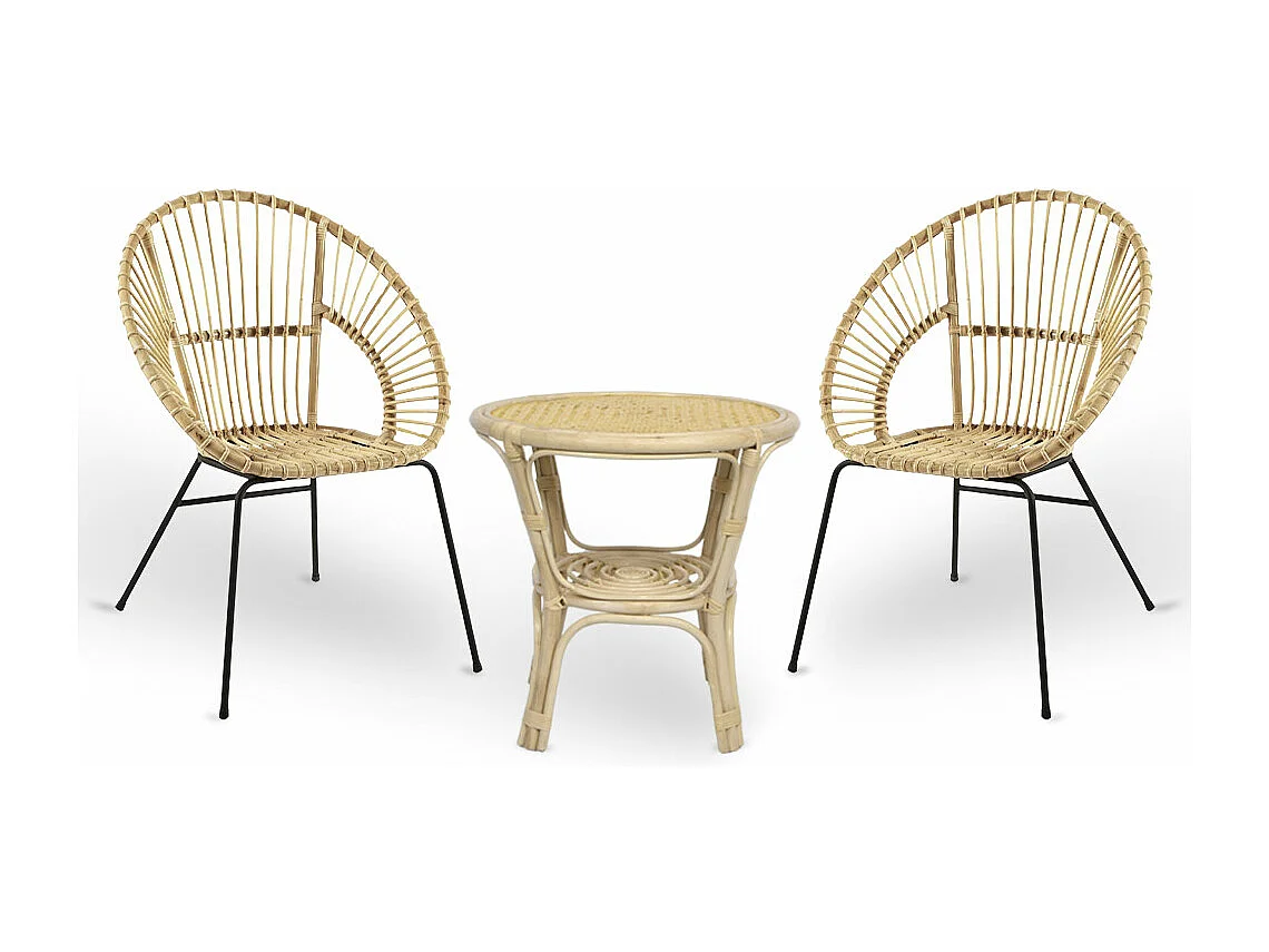 Ensemble de 2 chaises Fera en bois de bambou avec pieds en fer et 1 table en bambou