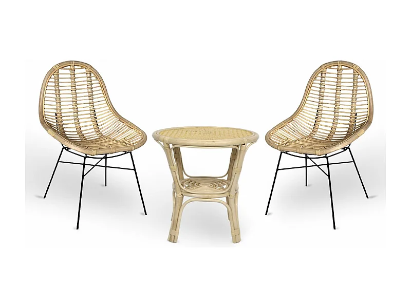 Ensemble de 2 chaises Betty en bambou avec pieds en fer et 1 table en bambou