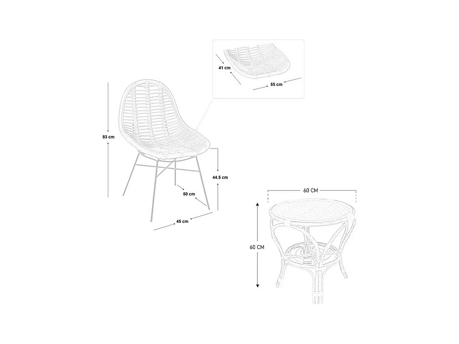 Ensemble de 2 chaises Betty en bambou avec pieds en fer et 1 table en bambou