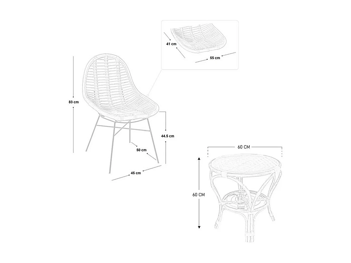 Ensemble de 2 chaises Betty en bambou avec pieds en fer et 1 table en bambou