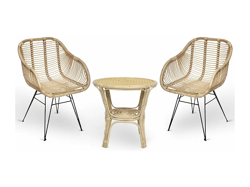 Ensemble de 2 chaises Desy en bois de bambou avec pieds en fer et 1 table en bambou